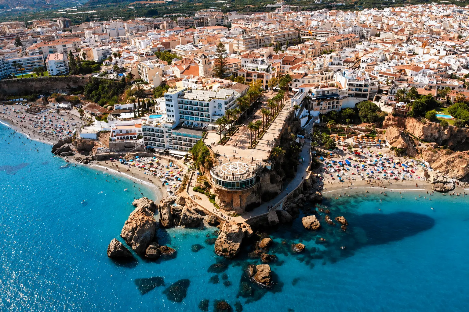 Aerial view of the Balcón de Europa and the Nerja coastline